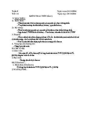 Kiểm tra 1 tiết (lần 1) môn Hóa học 8 (Tiết 16)